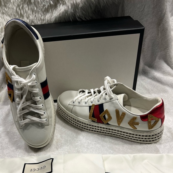 Gucci Women’s Ace “LOVED” Rhinestone Platform Sneakers Size 41EU/11US - Picture 4 of 11